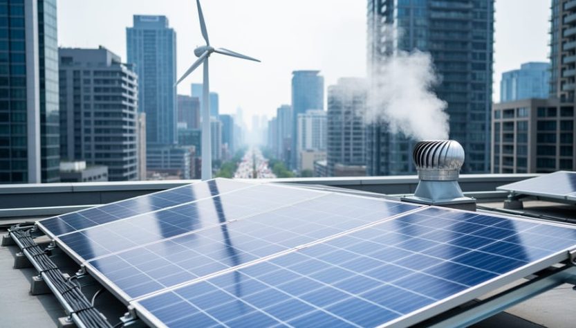 “Rooftop solar panels and a small urban wind turbine above dense high-rise buildings, with steam rising from a nearby heat recovery system.”