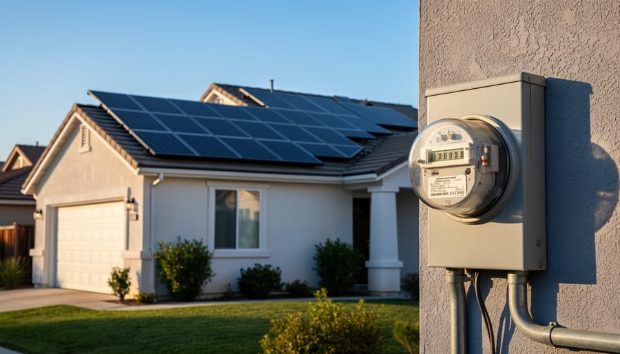 Solar panels on a residential rooftop with a nearby utility meter box on an exterior wall