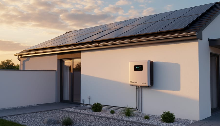 Wall-mounted residential battery cabinet next to rooftop solar panels in a clean utility area
