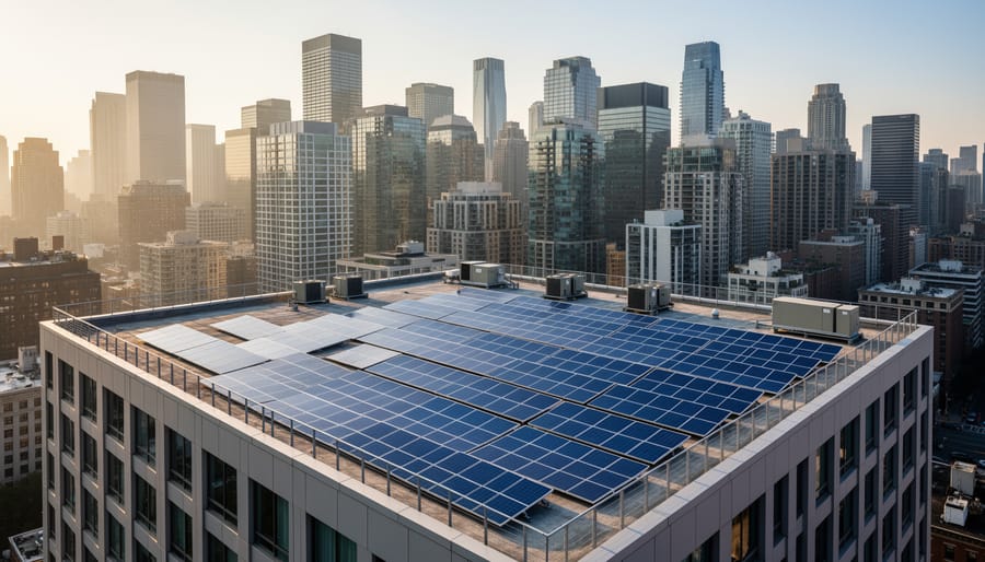 Rooftop solar panels on a modern apartment building with a maintenance worker near the parapet