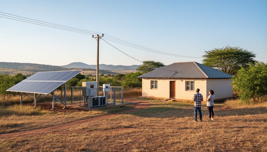 Rural home with rooftop solar panels and a resident standing near off-grid renewable energy equipment