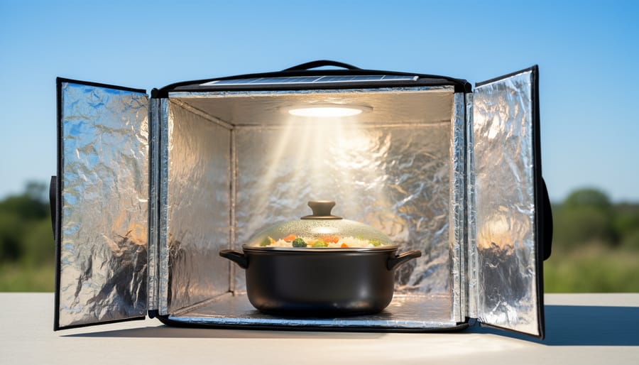 Solar box cooker outdoors with reflective panels and a pot inside under direct sunlight