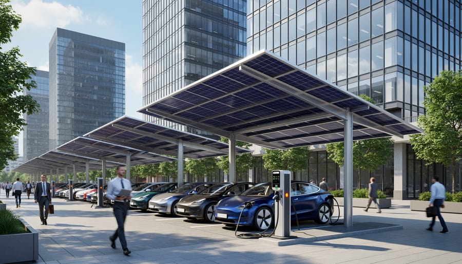 Street-level view of an urban office area with solar carport canopies and EV charging stations at dusk