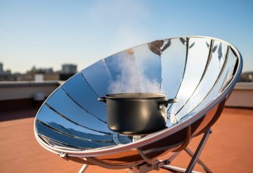 Solar cooker with a reflective parabolic dish focusing sunlight onto a dark pot on a rooftop, with steam rising in bright daylight.