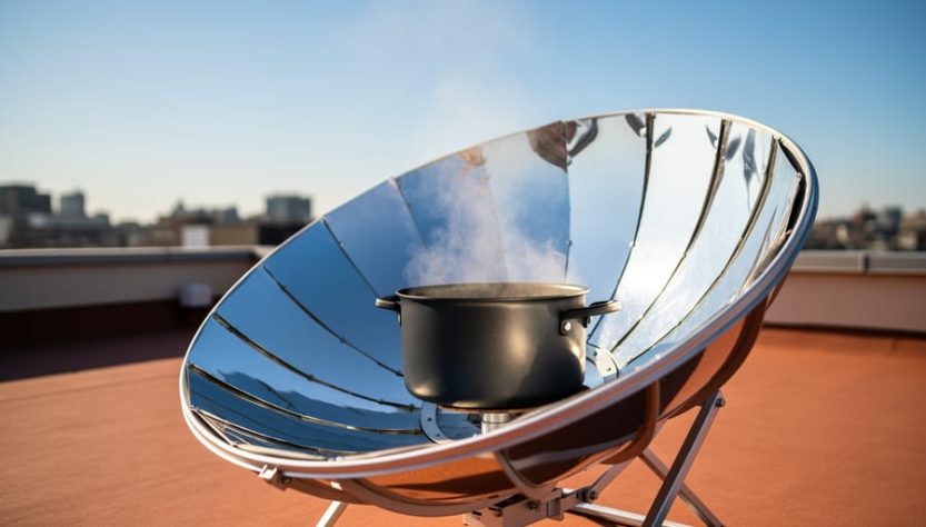 Solar cooker with a reflective parabolic dish focusing sunlight onto a dark pot on a rooftop, with steam rising in bright daylight.