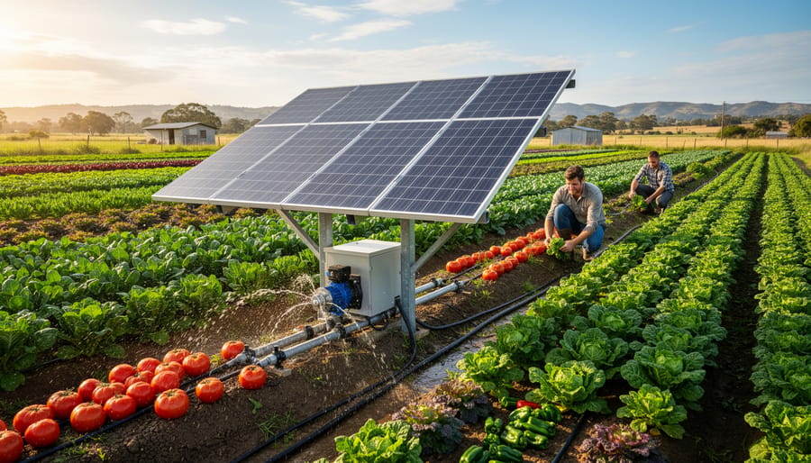 Farmer adjusting a solar-powered irrigation hose watering vegetable crops