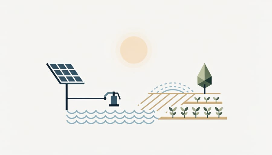 Off-grid solar-powered agricultural pump system operating irrigation at golden hour with green crops in the background.