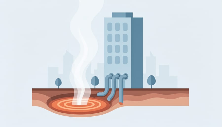 Steam rising near a building entrance as a cyclist rides past in an urban morning scene