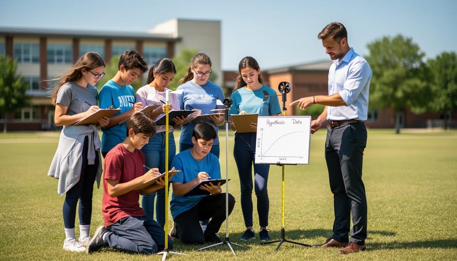 Student and educator using an anemometer and tachometer beside a wind turbine model