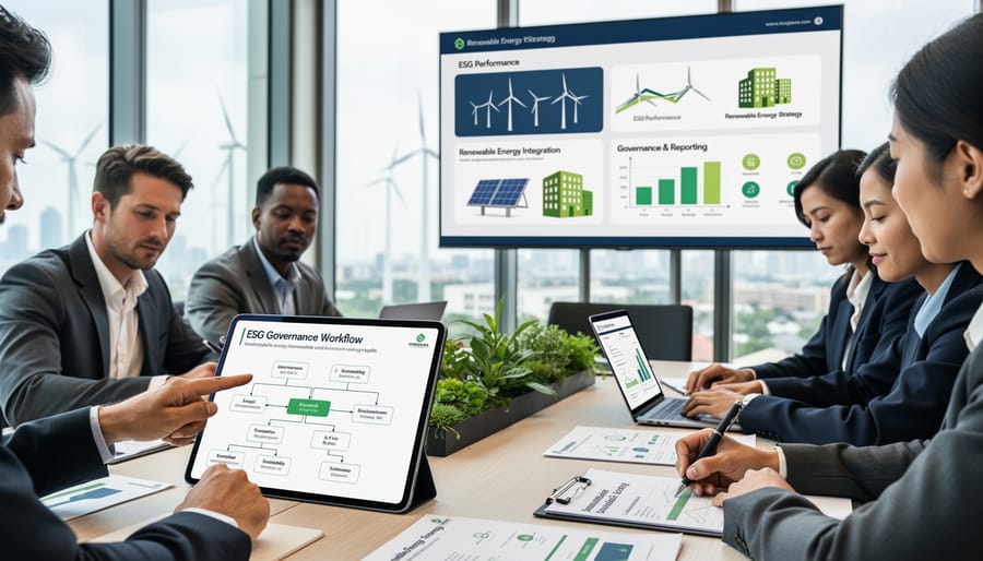 Team members collaborating over renewable energy documents in an office setting.