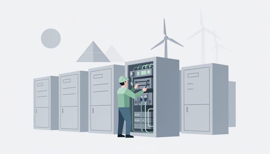 Technician working beside lithium-ion battery racks in an indoor energy storage operations room