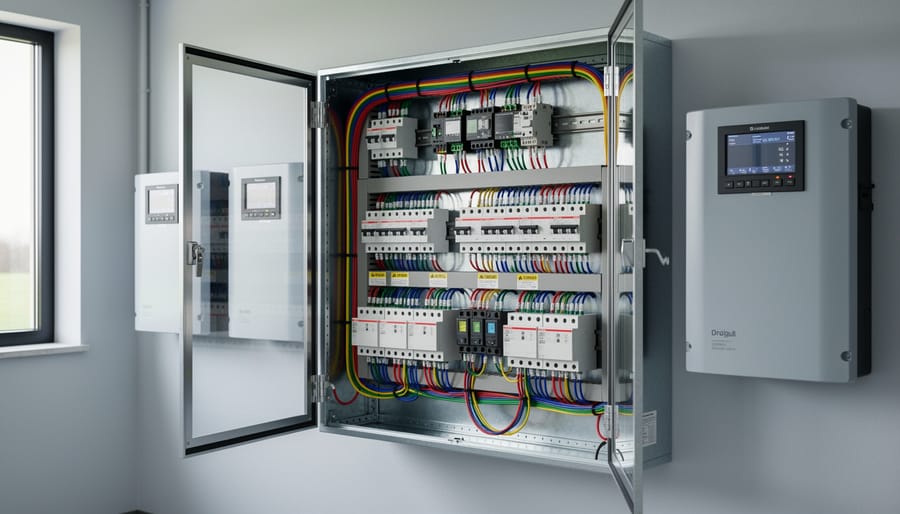Gloved hands connecting solar cables to a charge controller inside a weatherproof off-grid cabinet.