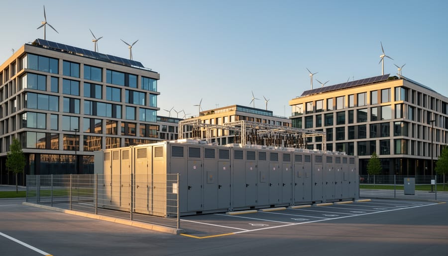 Technician inspecting a battery storage unit near an urban building utility entrance