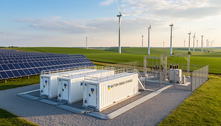 Utility-scale battery energy storage enclosures at a solar farm site under an overcast sky