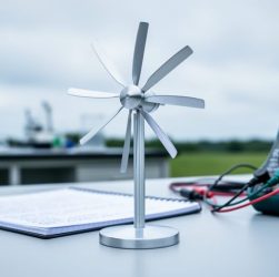 Close-up of a small wind turbine model on a lab table outdoors, with the rotor blades in sharp focus and other science tools softly blurred behind it.