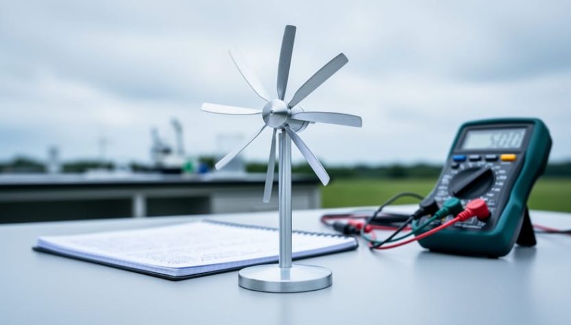 Close-up of a small wind turbine model on a lab table outdoors, with the rotor blades in sharp focus and other science tools softly blurred behind it.