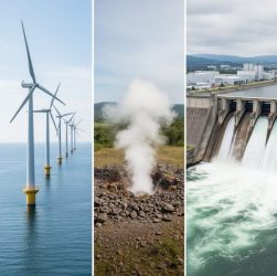 Scene showing solar panels, wind turbines, geothermal steam, hydropower from a dam, and bioenergy equipment as a unified renewable energy update theme.