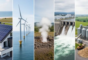 Scene showing solar panels, wind turbines, geothermal steam, hydropower from a dam, and bioenergy equipment as a unified renewable energy update theme.
