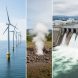 Scene showing solar panels, wind turbines, geothermal steam, hydropower from a dam, and bioenergy equipment as a unified renewable energy update theme.