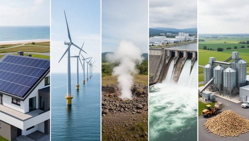 Scene showing solar panels, wind turbines, geothermal steam, hydropower from a dam, and bioenergy equipment as a unified renewable energy update theme.