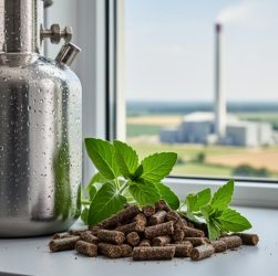 Biomass pellets and fresh green plant sprigs beside a stainless laboratory vessel, with a blurred bioenergy facility and farmland in the background.
