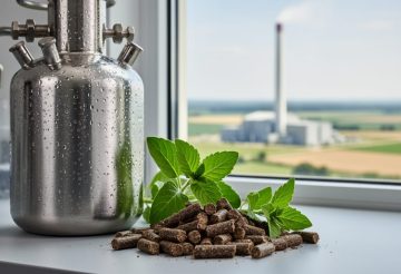 Biomass pellets and fresh green plant sprigs beside a stainless laboratory vessel, with a blurred bioenergy facility and farmland in the background.
