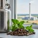 Biomass pellets and fresh green plant sprigs beside a stainless laboratory vessel, with a blurred bioenergy facility and farmland in the background.