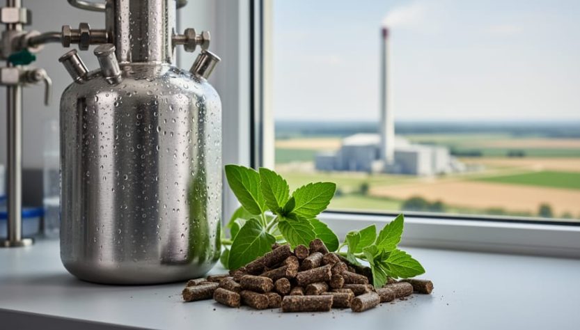 Biomass pellets and fresh green plant sprigs beside a stainless laboratory vessel, with a blurred bioenergy facility and farmland in the background.