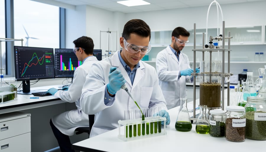 Gloved hands holding a glass vial of biomass extract on a bioenergy lab bench