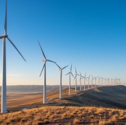 Panoramic view of wind turbines along a Wyoming ridgeline under golden hour sunlight.