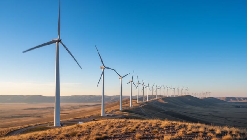 Panoramic view of wind turbines along a Wyoming ridgeline under golden hour sunlight.