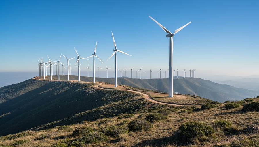 Wind turbines at Bitter Ridge Wind Farm on a ridgeline during golden hour