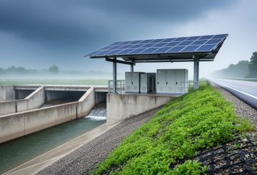 Solar microgrid and reinforced water and transportation infrastructure designed for climate resilience, captured in a stormy outdoor environment with rain mist in the distance.