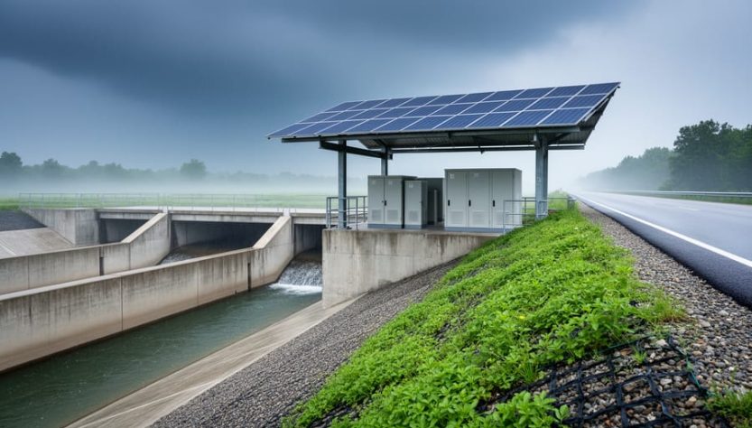 Solar microgrid and reinforced water and transportation infrastructure designed for climate resilience, captured in a stormy outdoor environment with rain mist in the distance.