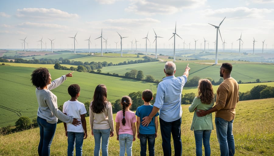 Community members and a utility partner standing together with distant wind turbines in the background