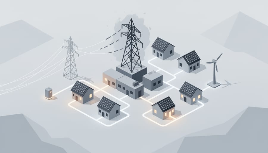 Portable resilience hub equipment providing power for community needs in a neighborhood during golden hour.