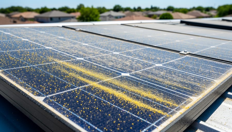 Close-up of a dirty solar panel surface with pollen and dust, with a cloth nearby.
