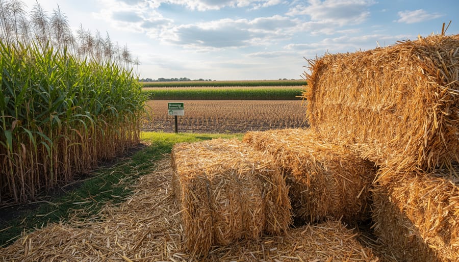 Energy crop field with tall grasses and nearby straw bales in an agricultural landscape
