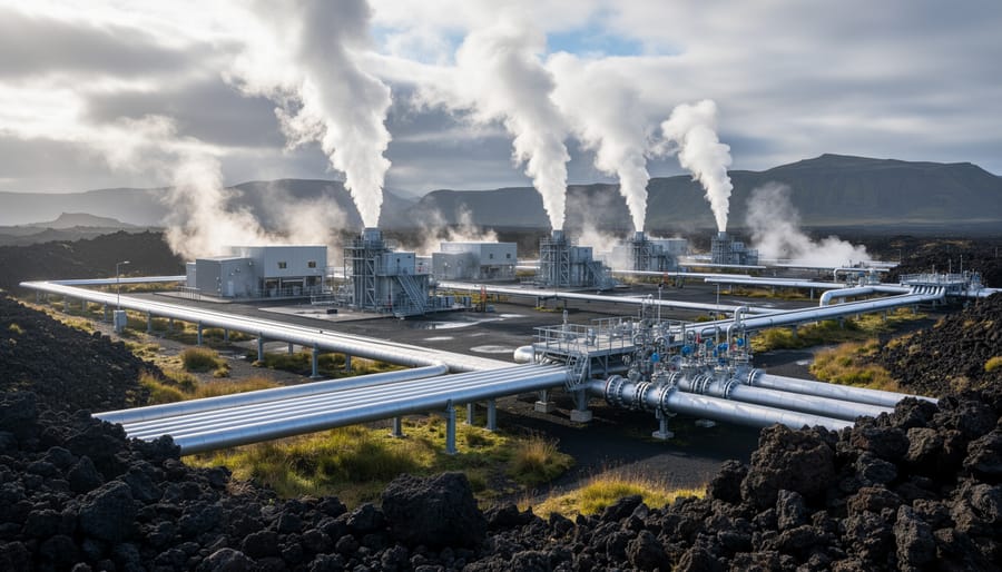 Steam rising from geothermal infrastructure with a drill rig and rugged ground in the foreground