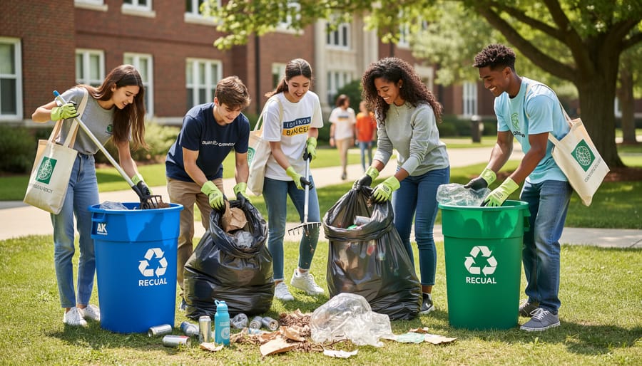 Volunteers in reusable bags sorting recyclables at a community clean-up table
