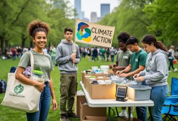 “Diverse group of Gen Z climate advocates outdoors organizing reusable donation supplies for an environmental action event.”
