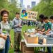 “Diverse group of Gen Z climate advocates outdoors organizing reusable donation supplies for an environmental action event.”