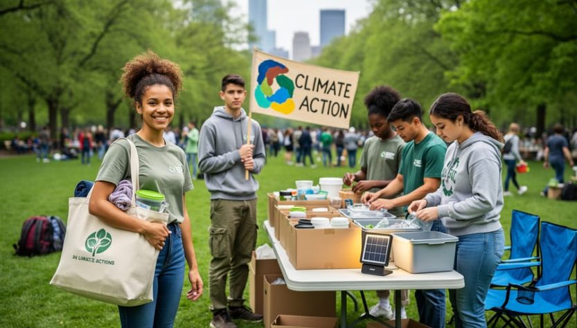 “Diverse group of Gen Z climate advocates outdoors organizing reusable donation supplies for an environmental action event.”