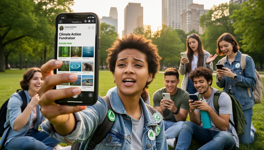 Young person filming environmental fundraising content with a smartphone outdoors during golden hour