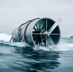 Offshore wave and tidal energy turbines mounted in ocean water under an overcast sky, showing waves and sea foam around the equipment.