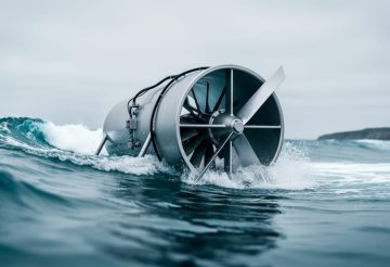 Offshore wave and tidal energy turbines mounted in ocean water under an overcast sky, showing waves and sea foam around the equipment.