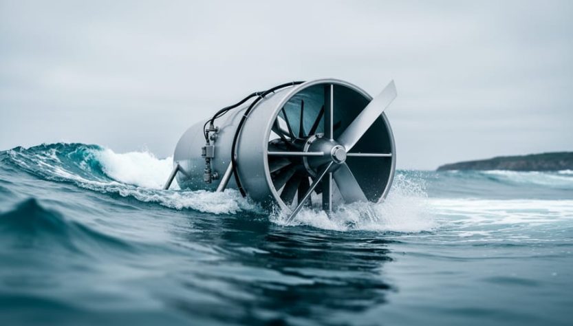 Offshore wave and tidal energy turbines mounted in ocean water under an overcast sky, showing waves and sea foam around the equipment.