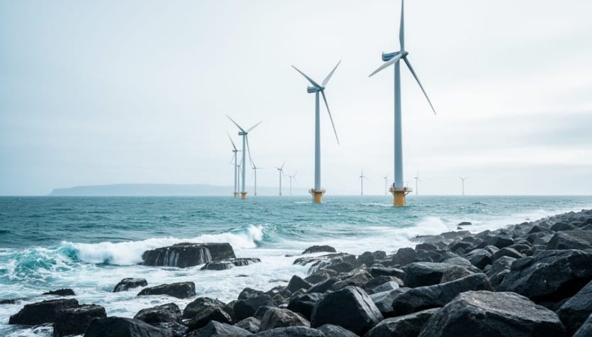 Offshore wind turbines generating clean power in the ocean near a rocky coastline under an overcast sky.