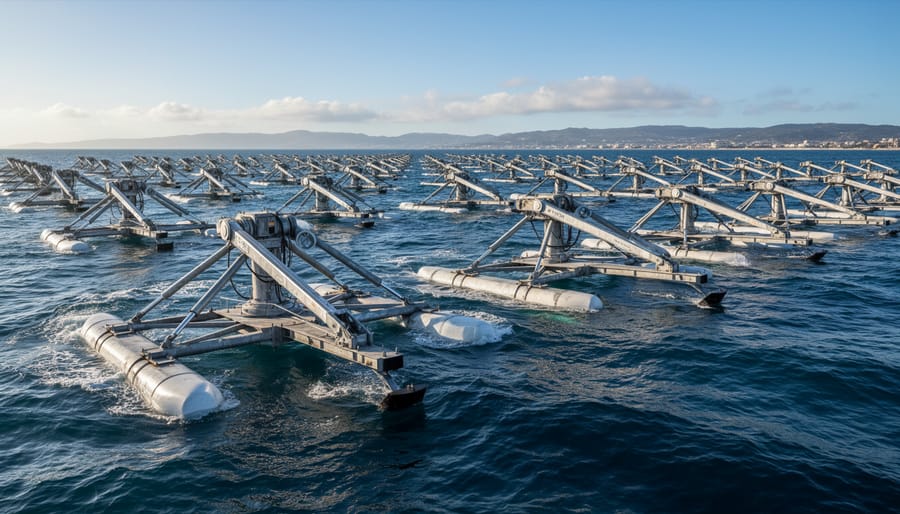 Wave energy buoy array offshore with mooring lines and reflective steel structures under an overcast sky
