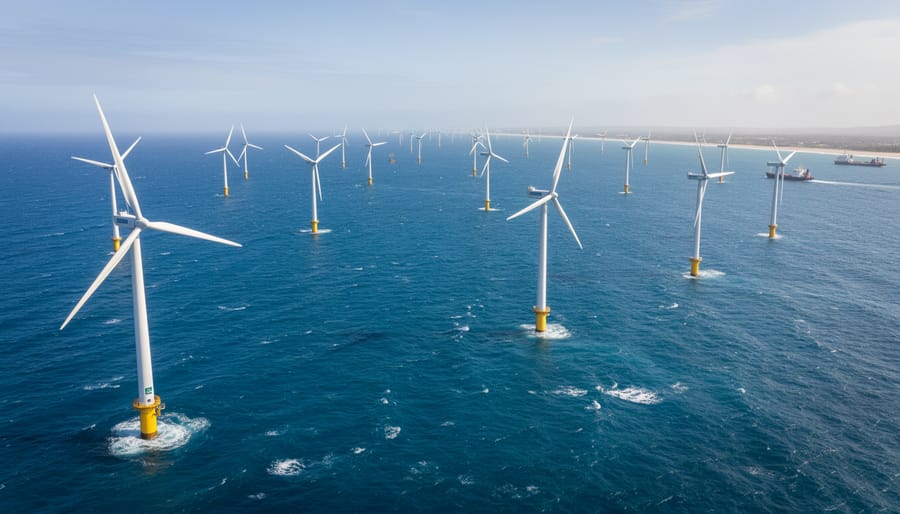 Offshore wind turbines viewed from near the ocean surface during golden hour